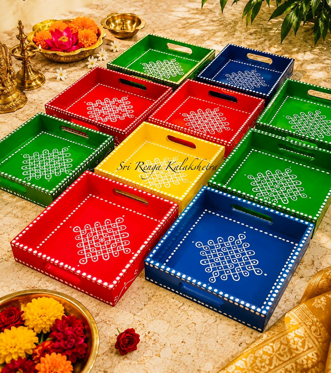 Kolam Art Wooden Trays