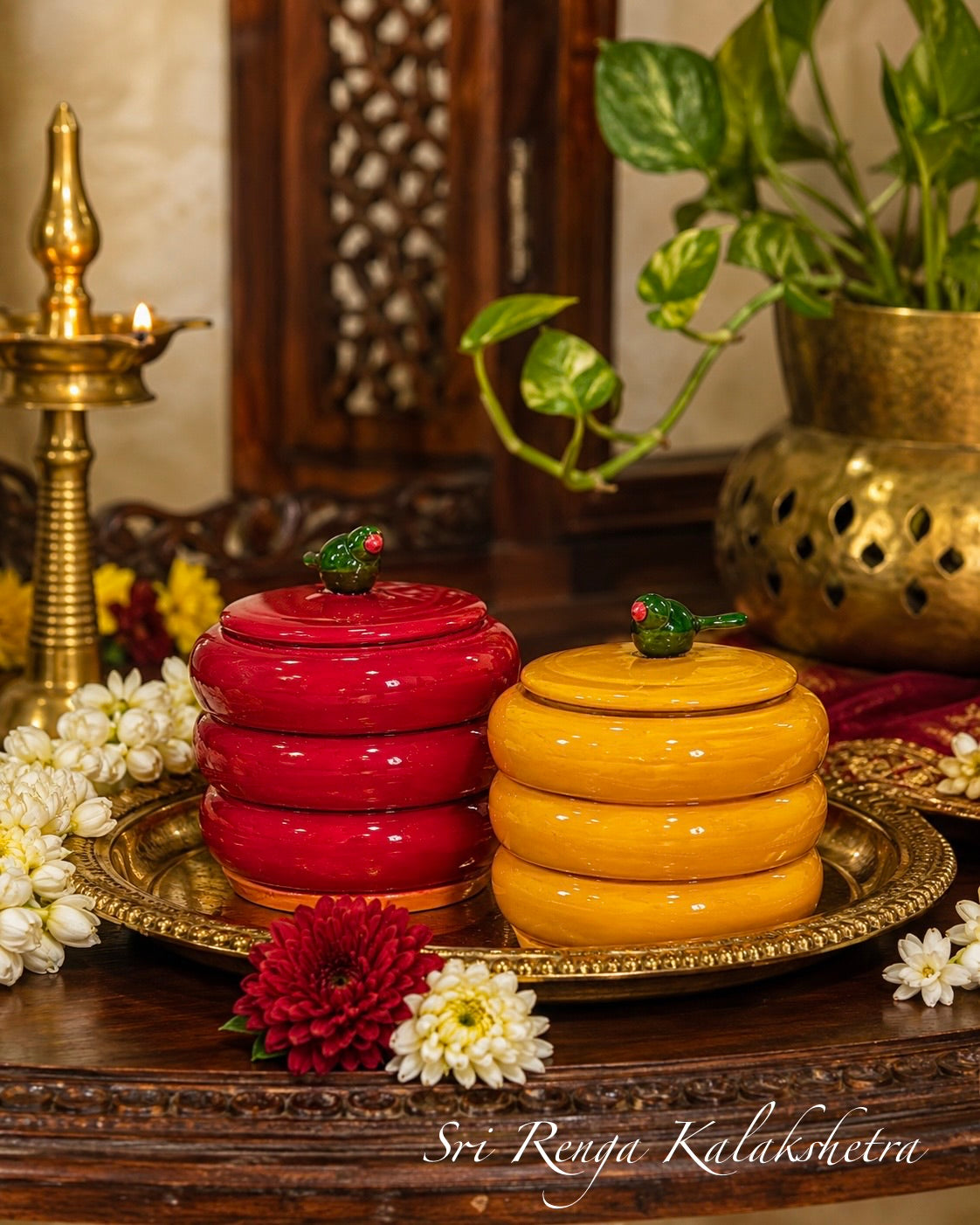Wooden Kumkum Haldi Boxes with Sparrows