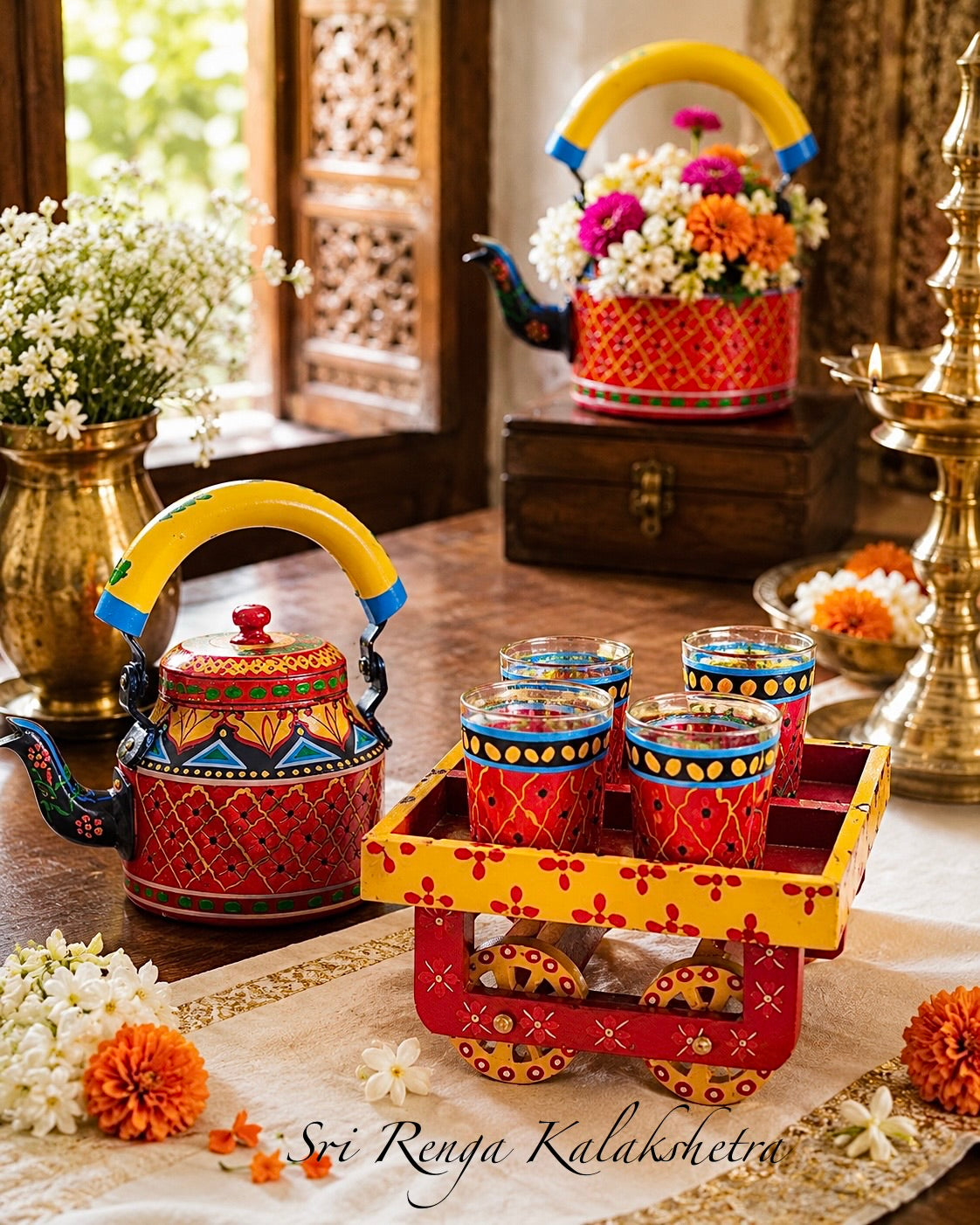 Colourful Kettle, Trolley & Glass Set